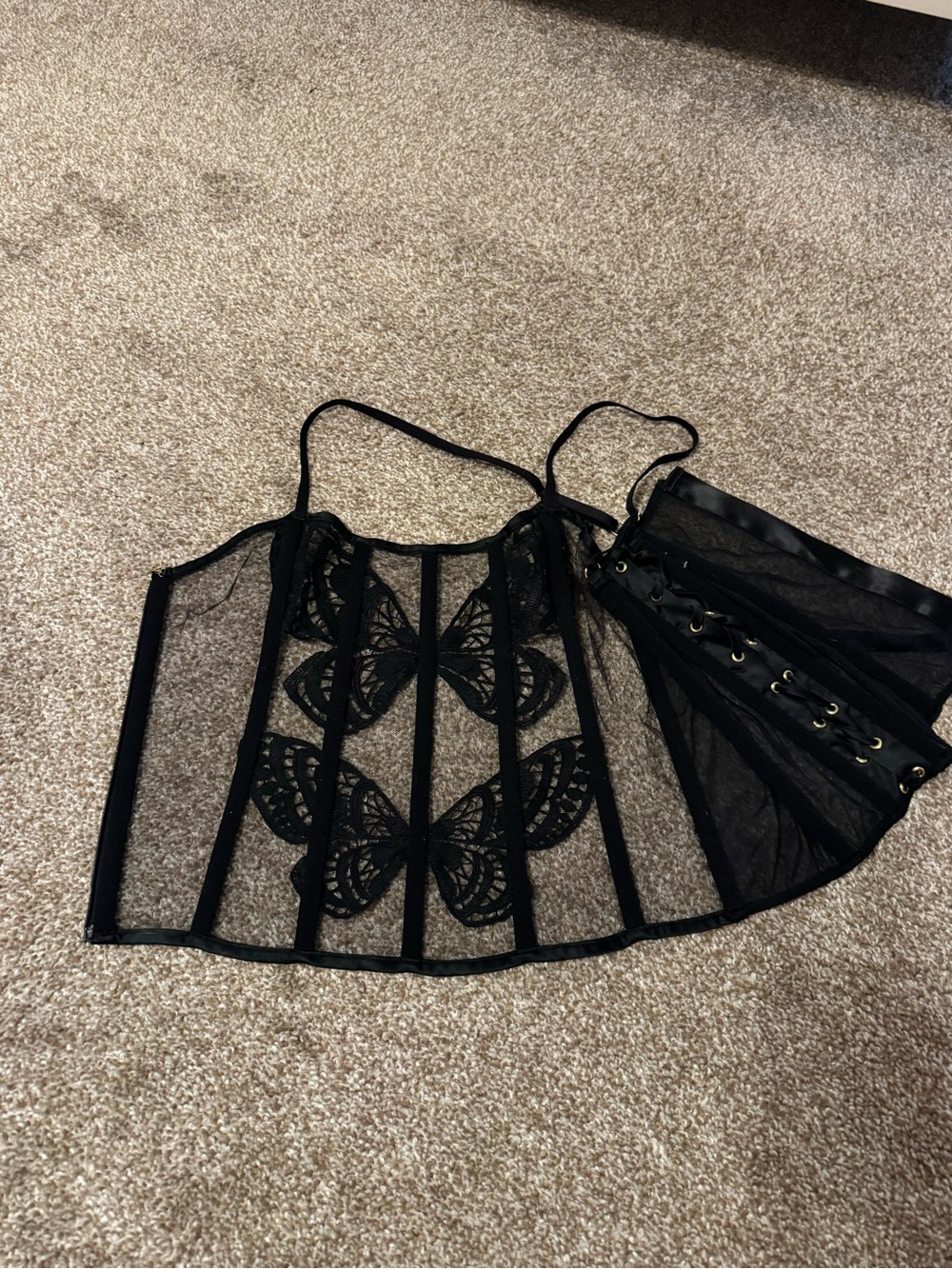 Victoria's Secret Black Sheer Butterfly Lace Corset